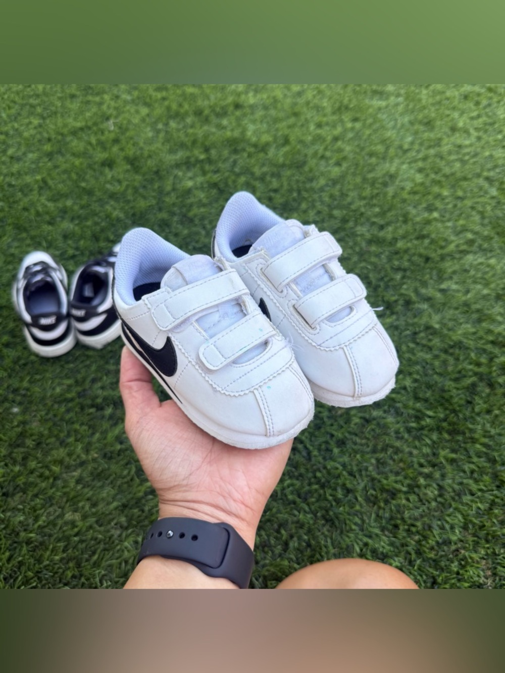 Nike Kids White Sneakers with Black Swoosh and Velcro